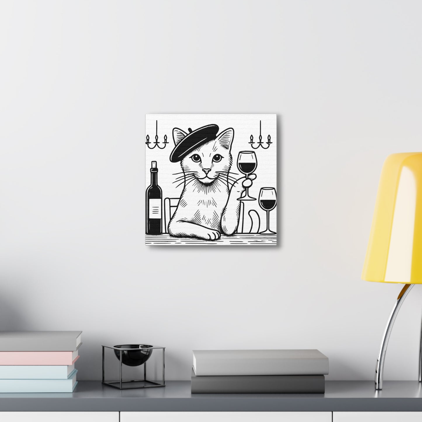 'Cat with Beret and Wine Glass' Canvas Wall Art