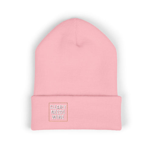 'Clearly Needs Wine' - Embroidered Cuffed Beanie